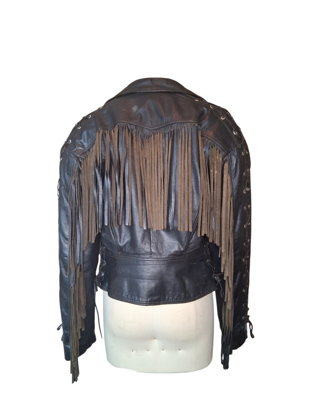 Vintage Western Fringe Lace-Up Leather Moto Jacket - Black Size Medium Womens